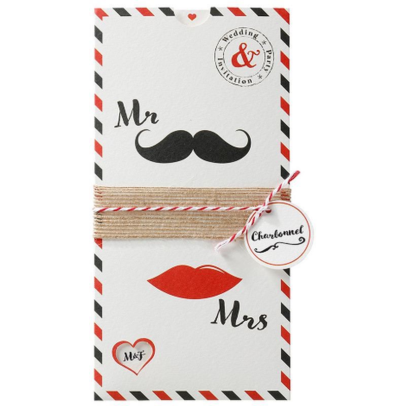 Faire Part Mariage Original Lèvres Moustaches Noir Rouge