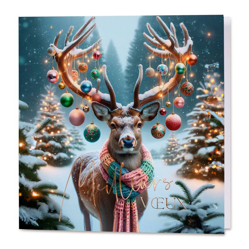 Carte de vœux amusante avec un cerf dont les bois sont décorés de boules de Noël