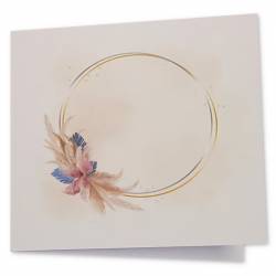 Élégant faire-part de mariage avec double cercle doré et argenté, aquarelle beige et fleurs de pampa roses et bleues